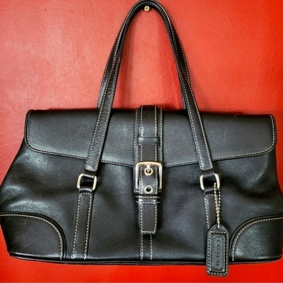 Coach | Hamptons 9267 | Vintage Black Leather Flap Hand Carry Bag Satchel - Picture 1 of 16